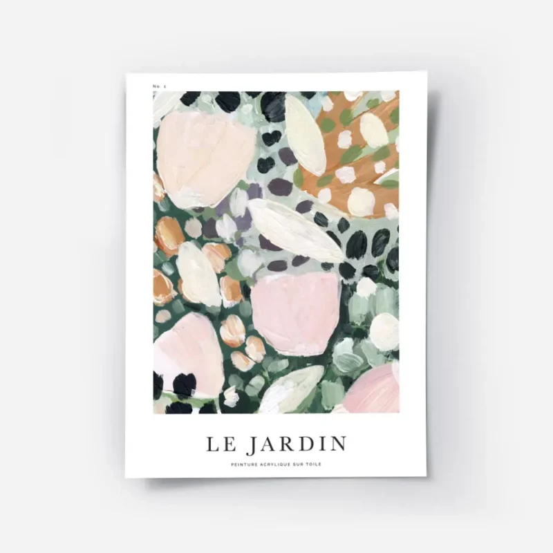 affiche abstraite de petales floraux roses oranges blancs violets et verts sur f.webp