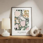 affiche abstraite de petales floraux roses oranges blancs violets et verts sur f meuble.webp