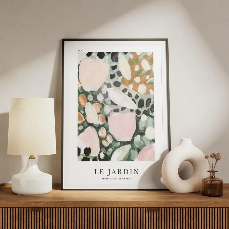 affiche abstraite de petales floraux roses oranges blancs violets et verts sur f meuble.webp