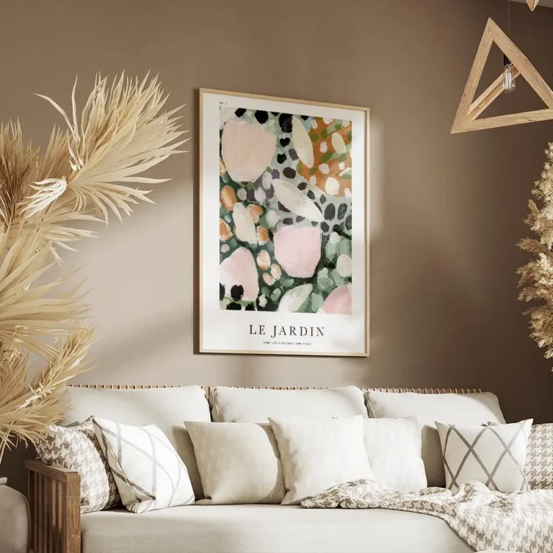 affiche abstraite de petales floraux roses oranges blancs violets et verts sur f salon.webp