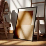 affiche abstraite de textures en cuir marron toile beige et fond couleur creme encadre.webp