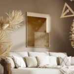 affiche abstraite de textures en cuir marron toile beige et fond couleur creme salon.webp