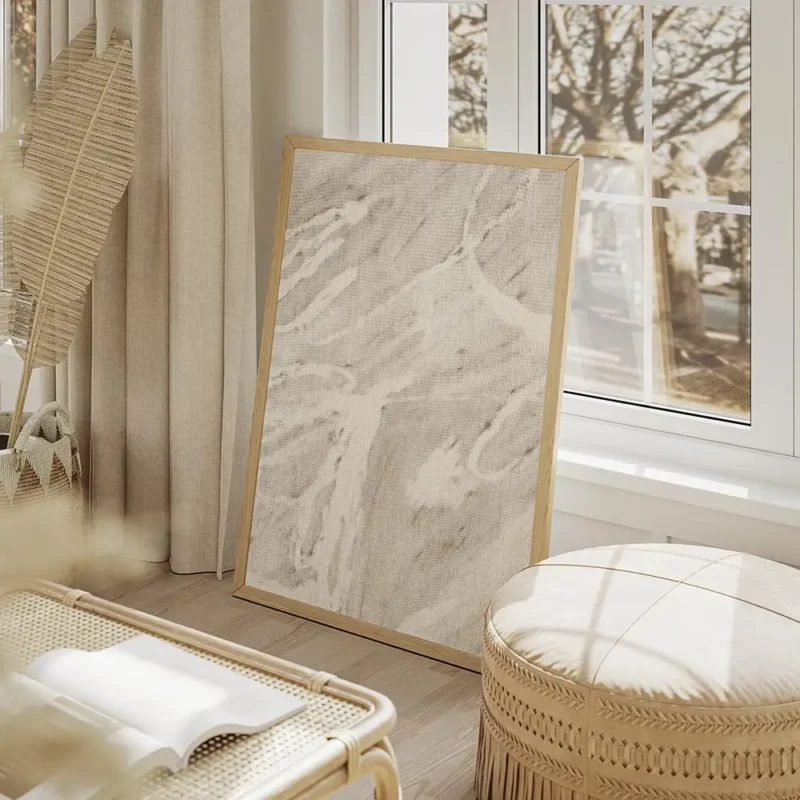 affiche abstraite de vagues et de lignes organiques beiges blanches et grises su salon beige.webp