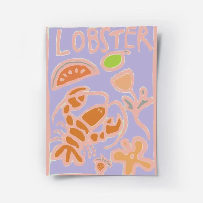 affiche abstraite dun homard orange avec des fruits et du typographie sur fond l.webp