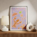 affiche abstraite dun homard orange avec des fruits et du typographie sur fond l meuble.webp