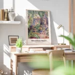 affiche abstraite dun paysage avec une maison des arbres et des couleurs vives bureau.webp