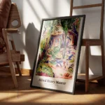 affiche abstraite dun paysage avec une maison des arbres et des couleurs vives encadre.webp