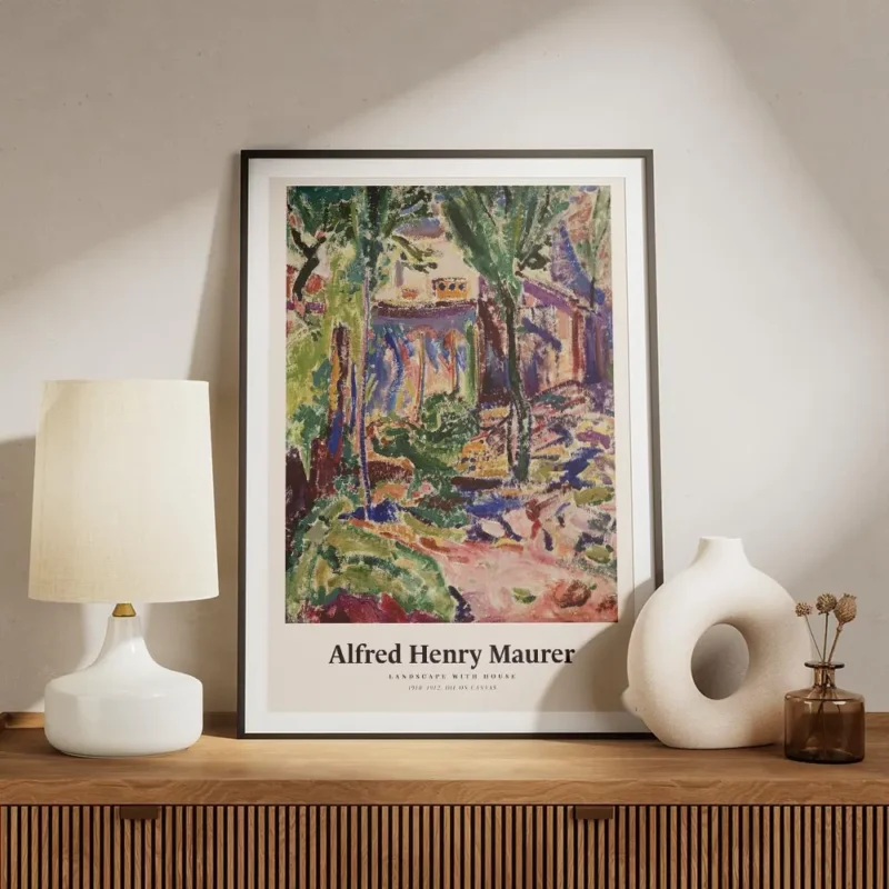 affiche abstraite dun paysage avec une maison des arbres et des couleurs vives meuble.webp