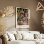 affiche abstraite dun paysage avec une maison des arbres et des couleurs vives salon.webp