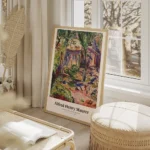 affiche abstraite dun paysage avec une maison des arbres et des couleurs vives salon beige.webp