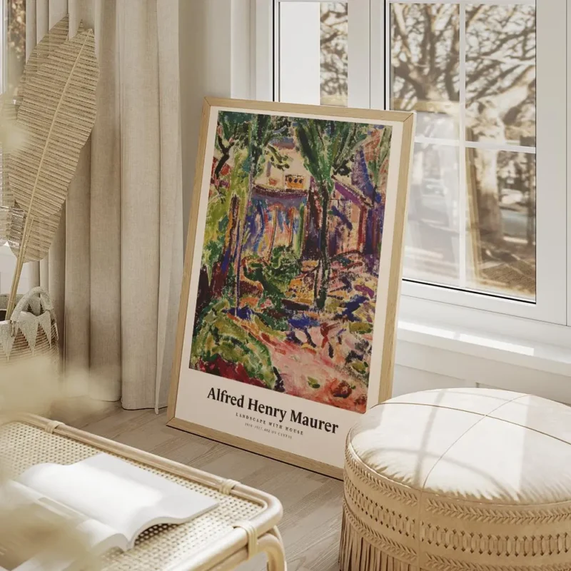affiche abstraite dun paysage avec une maison des arbres et des couleurs vives salon beige.webp