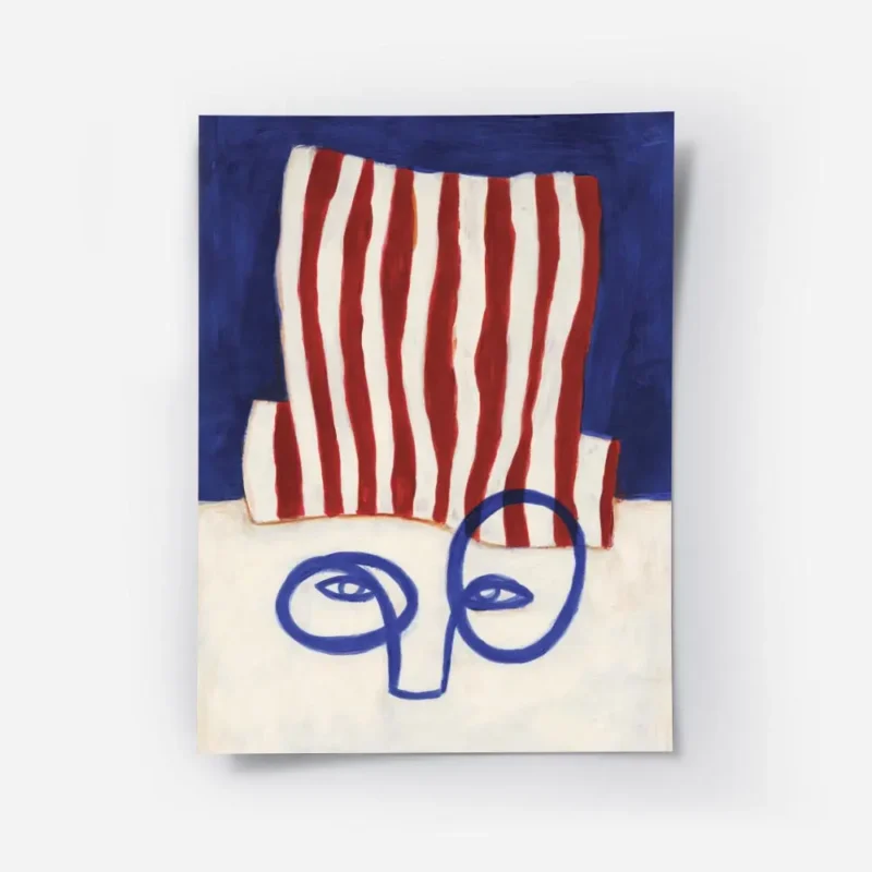 affiche abstraite dun visage bleu minimaliste avec un chapeau a rayures rouges e.webp