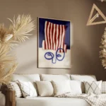 affiche abstraite dun visage bleu minimaliste avec un chapeau a rayures rouges e salon.webp