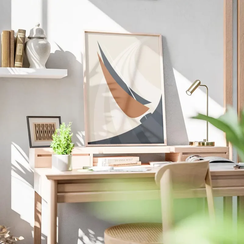affiche abstraite dun voilier orange et bleu marine sur locean avec des lignes d bureau.webp