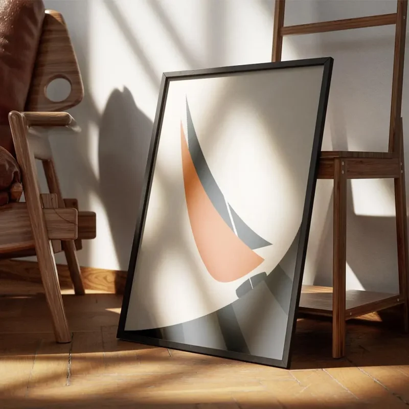affiche abstraite dun voilier orange et bleu marine sur locean avec des lignes d encadre.webp