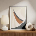 affiche abstraite dun voilier orange et bleu marine sur locean avec des lignes d meuble.webp
