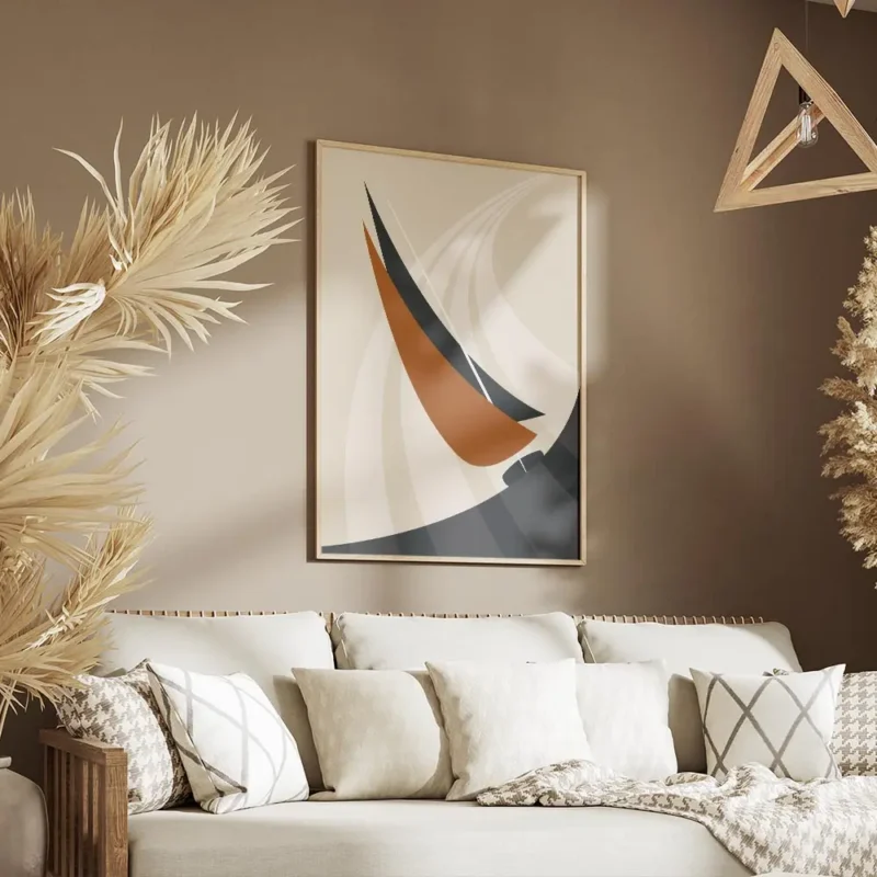 affiche abstraite dun voilier orange et bleu marine sur locean avec des lignes d salon.webp