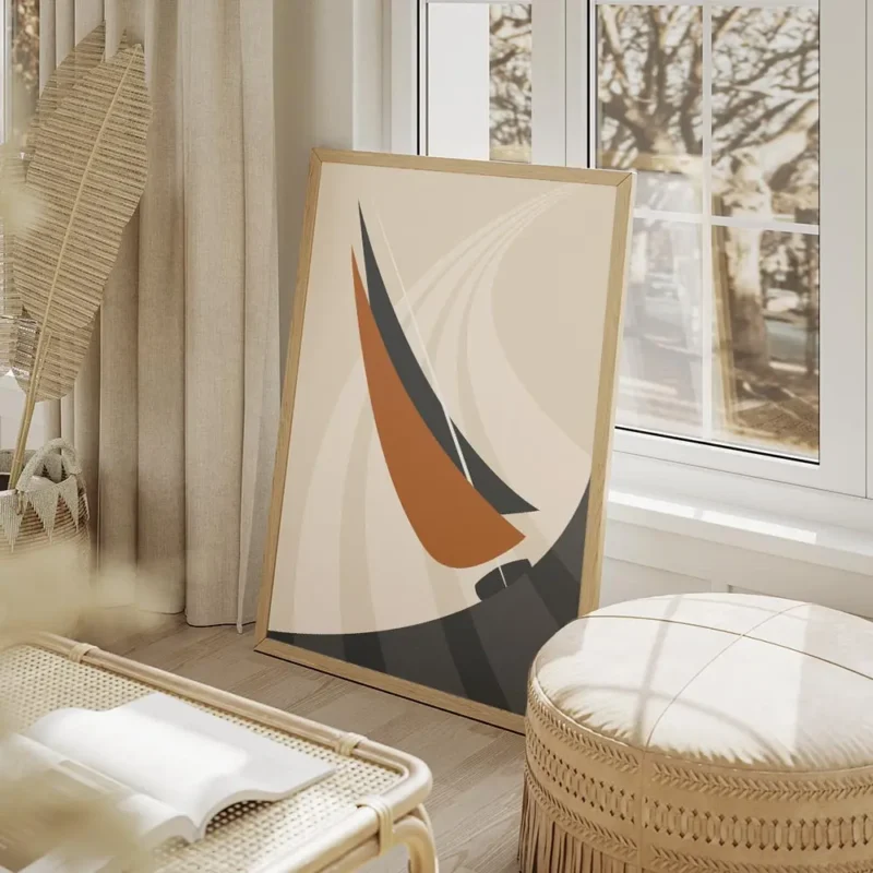 affiche abstraite dun voilier orange et bleu marine sur locean avec des lignes d salon beige.webp