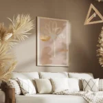 affiche abstraite dune fleur rose aux petales textures et formes organiques sur salon.webp