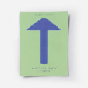 affiche abstraite dune lampe de table futuriste bleue sur fond vert style dani k.webp