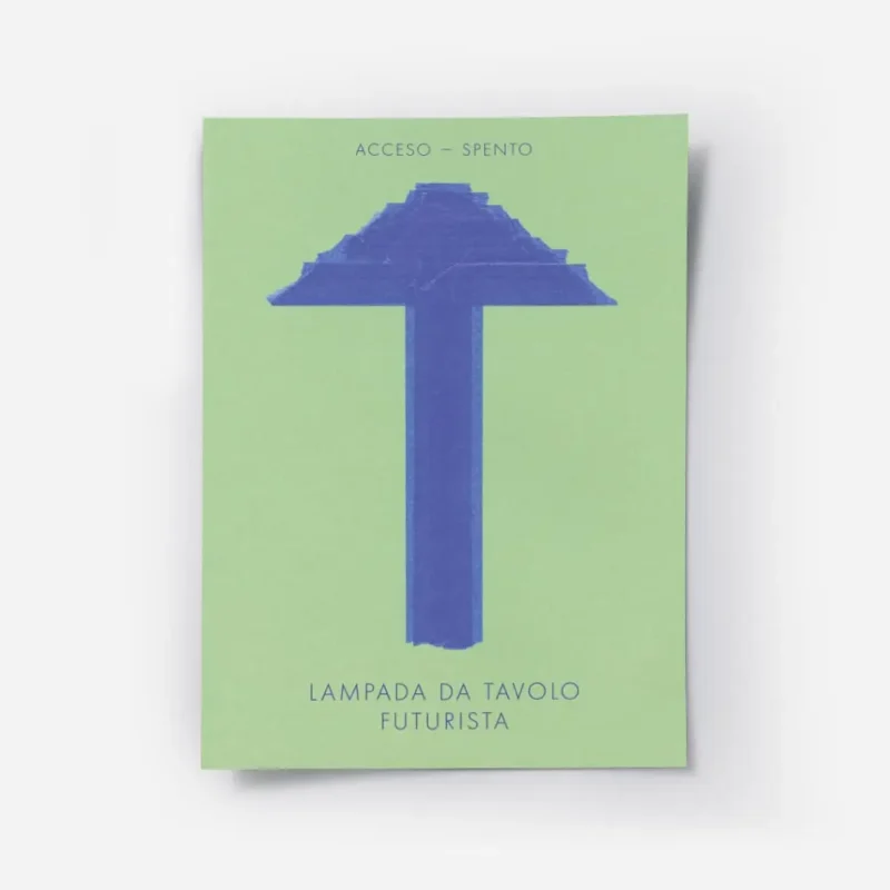 affiche abstraite dune lampe de table futuriste bleue sur fond vert style dani k.webp