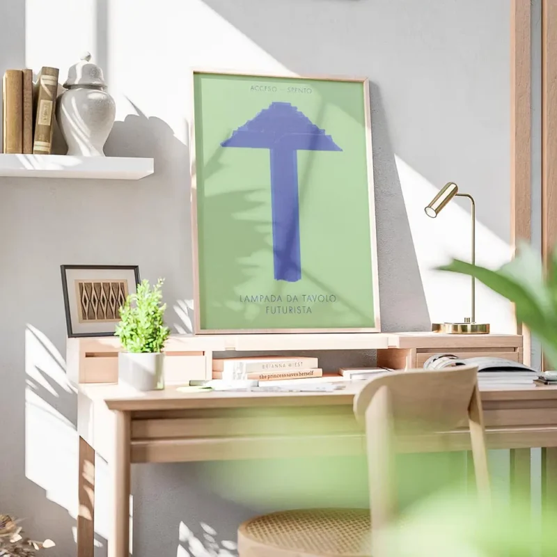 affiche abstraite dune lampe de table futuriste bleue sur fond vert style dani k bureau.webp
