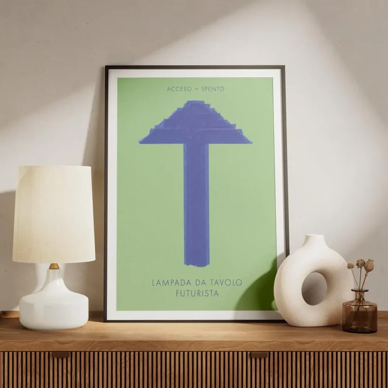 affiche abstraite dune lampe de table futuriste bleue sur fond vert style dani k meuble.webp