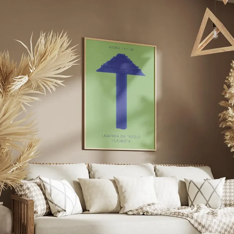 affiche abstraite dune lampe de table futuriste bleue sur fond vert style dani k salon.webp