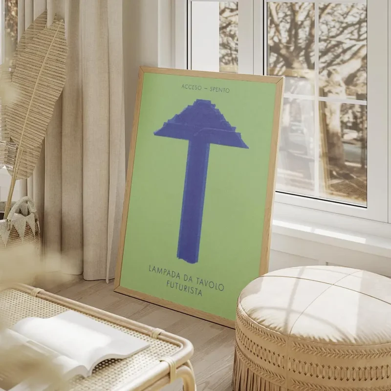 affiche abstraite dune lampe de table futuriste bleue sur fond vert style dani k salon beige.webp