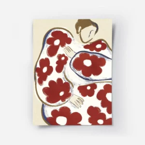 affiche abstraite dune personne aux formes arrondies et aux motifs de fleurs rou.webp