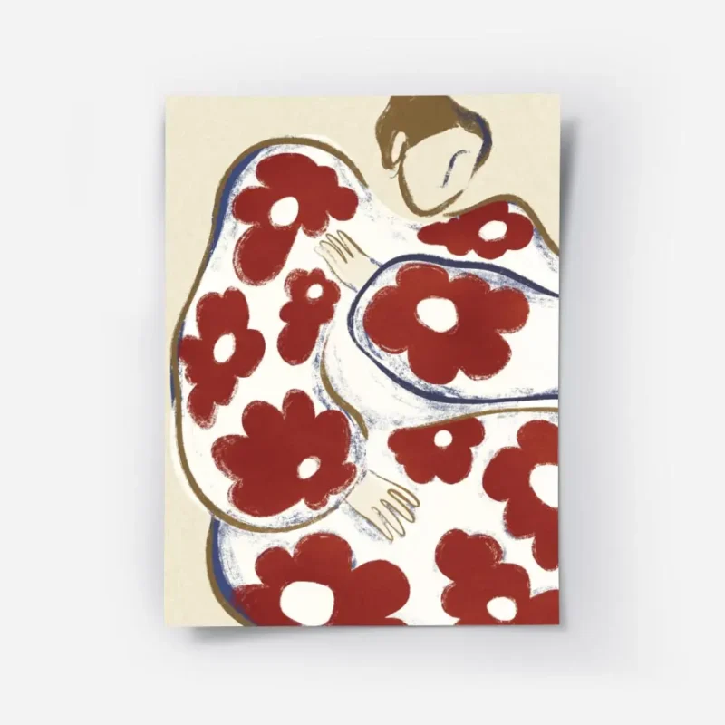 affiche abstraite dune personne aux formes arrondies et aux motifs de fleurs rou.webp