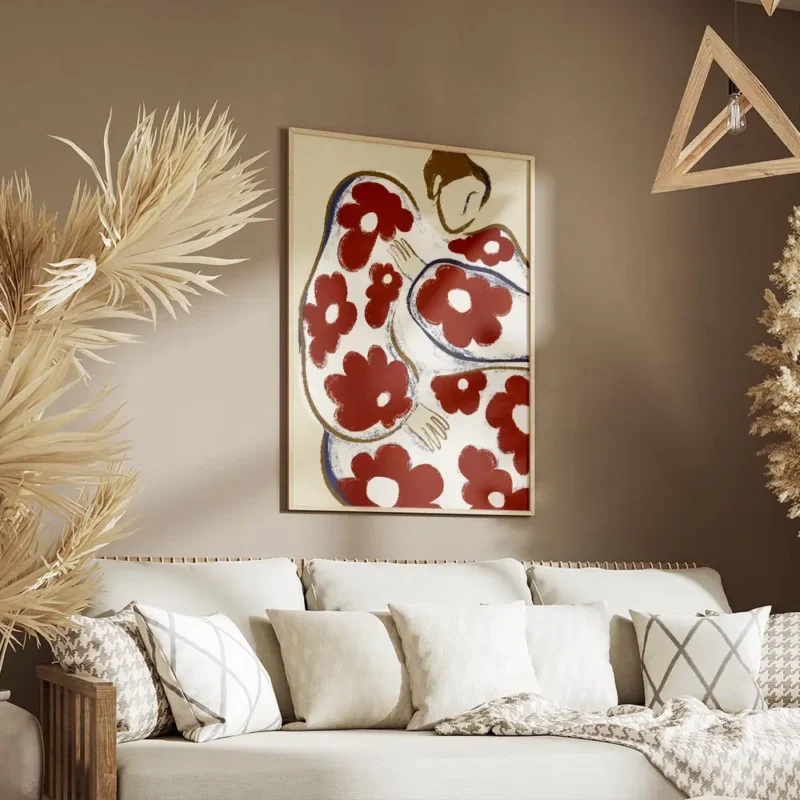 affiche abstraite dune personne aux formes arrondies et aux motifs de fleurs rou salon.webp