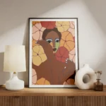 affiche abstraite dune personne aux tons verts et marrons entouree de toile de f meuble.webp