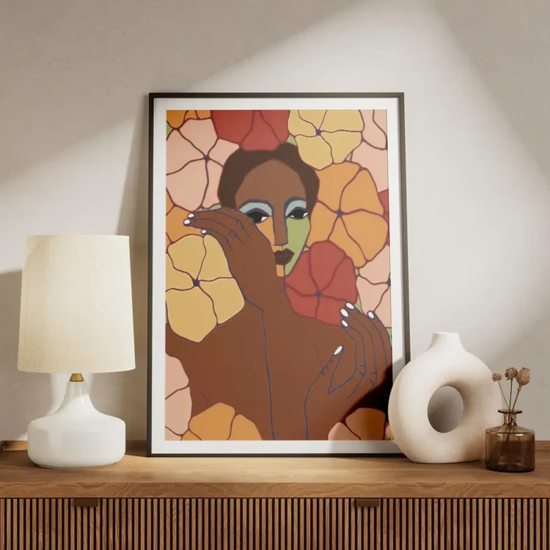 affiche abstraite dune personne aux tons verts et marrons entouree de toile de f meuble.webp