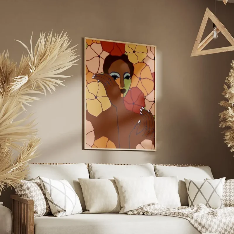 affiche abstraite dune personne aux tons verts et marrons entouree de toile de f salon.webp