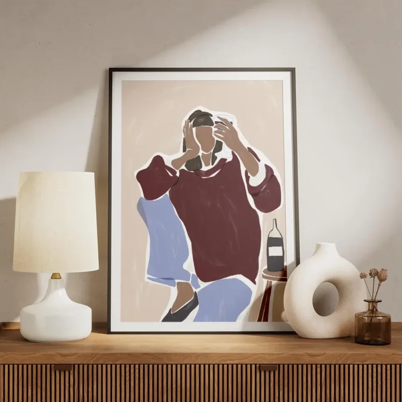 affiche abstraite dune personne tenant un verre de vin assise pres dune bouteill meuble.webp