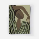 affiche abstraite dune silhouette aux tons terreux et dun tissu raye vert olive .webp