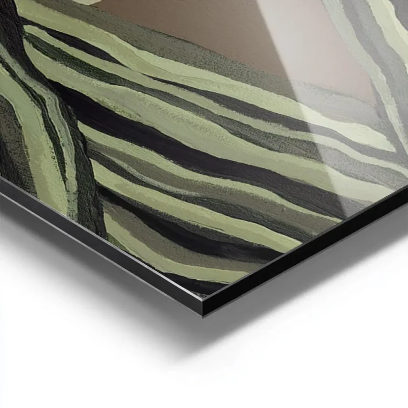 affiche abstraite dune silhouette aux tons terreux et dun tissu raye vert olive aluminium.webp