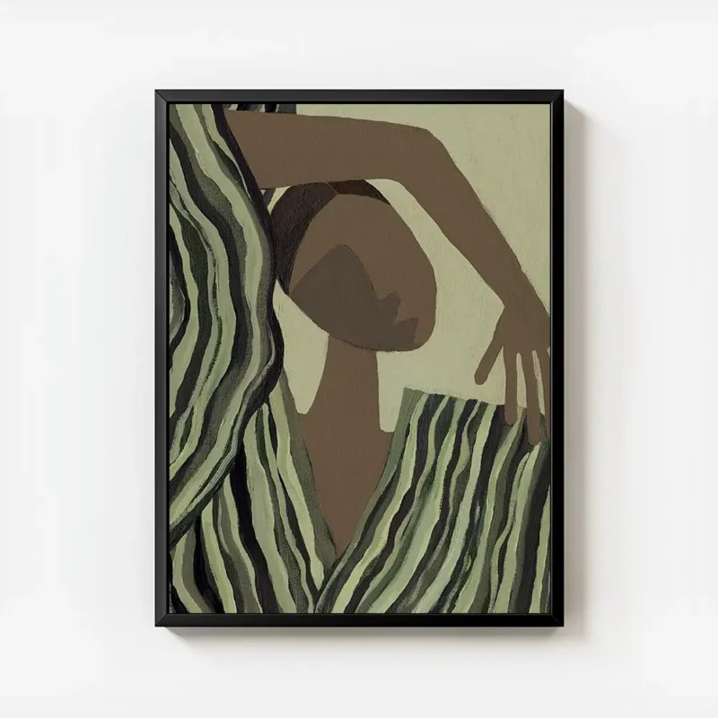 affiche abstraite dune silhouette aux tons terreux et dun tissu raye vert olive avec cadre.webp