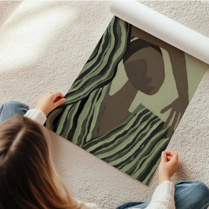 affiche abstraite dune silhouette aux tons terreux et dun tissu raye vert olive en rouleau.webp