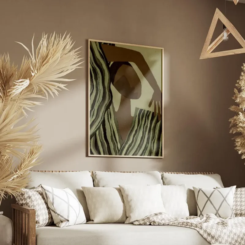 affiche abstraite dune silhouette aux tons terreux et dun tissu raye vert olive salon.webp