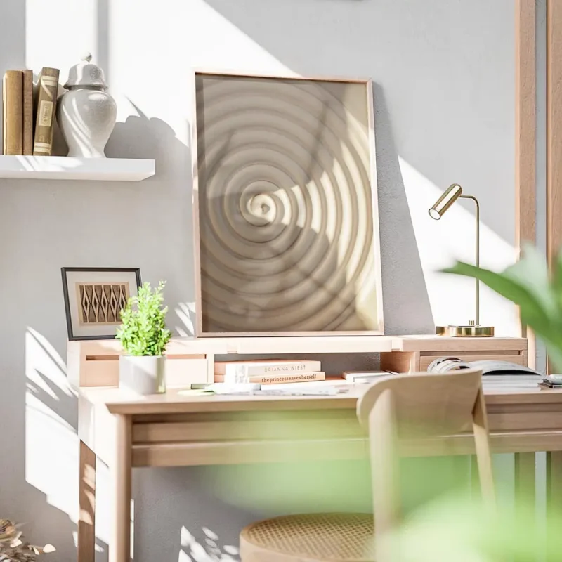 affiche abstraite dune spirale beige avec des ombres marquees creant un effet de bureau.webp