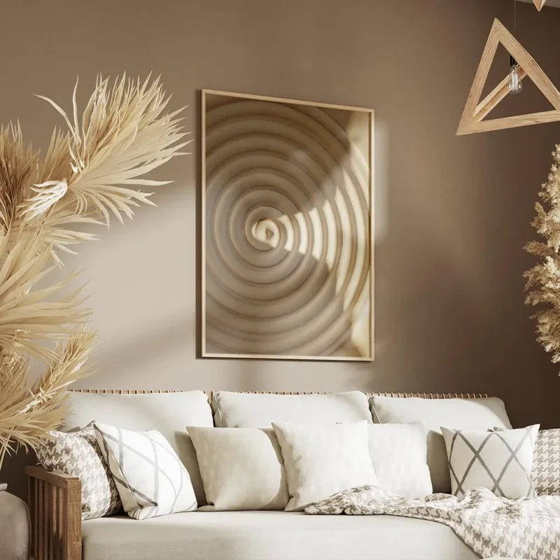 affiche abstraite dune spirale beige avec des ombres marquees creant un effet de salon.webp