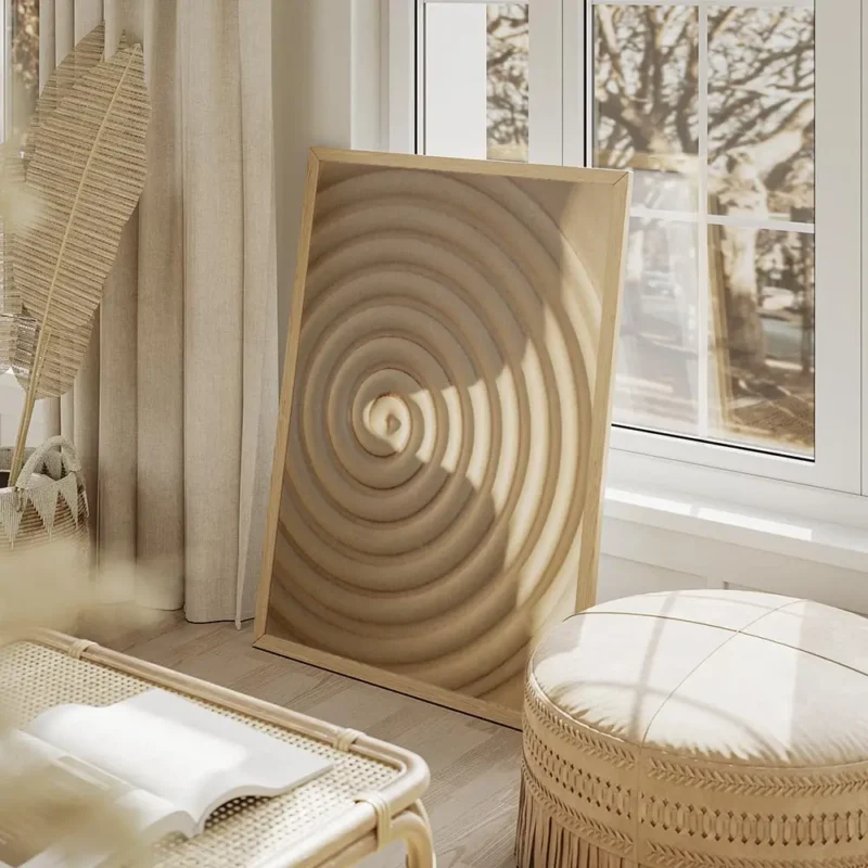 affiche abstraite dune spirale beige avec des ombres marquees creant un effet de salon beige.webp