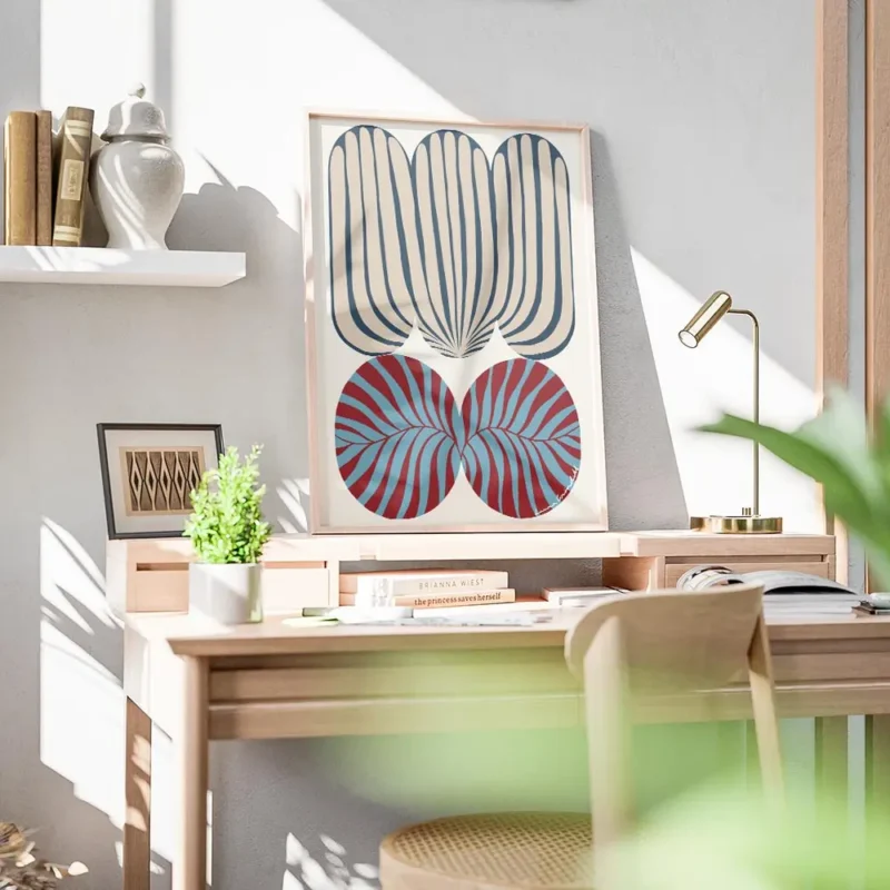 affiche abstraite et audacieuse avec motif zebre tons bleus rouges et beiges typ bureau.webp
