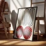 affiche abstraite et audacieuse avec motif zebre tons bleus rouges et beiges typ encadre.webp
