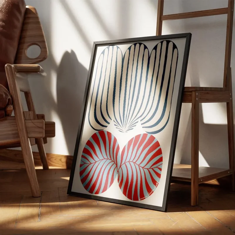 affiche abstraite et audacieuse avec motif zebre tons bleus rouges et beiges typ encadre.webp