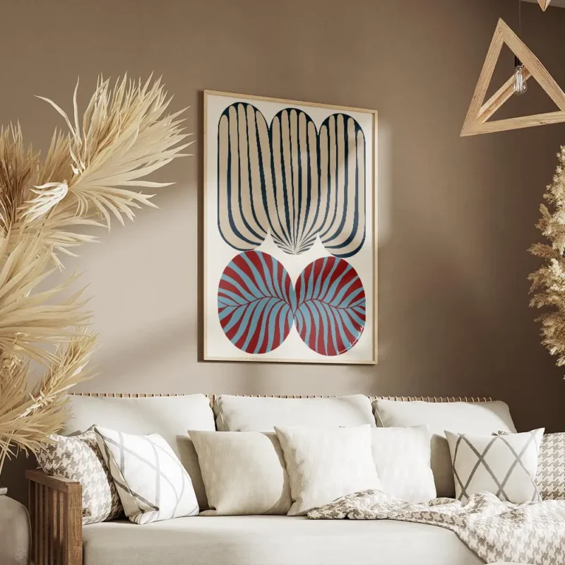 affiche abstraite et audacieuse avec motif zebre tons bleus rouges et beiges typ salon.webp