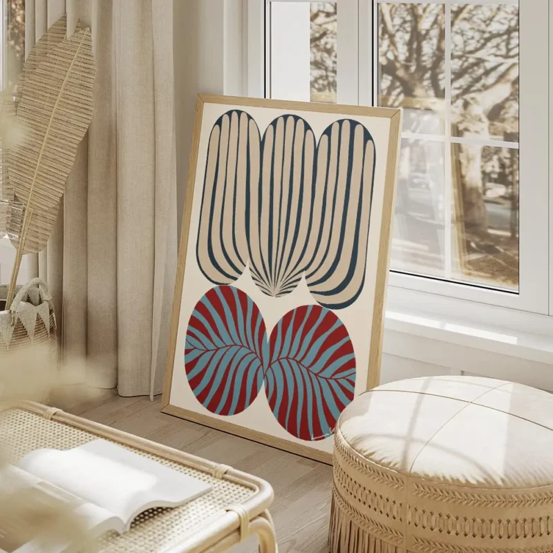 affiche abstraite et audacieuse avec motif zebre tons bleus rouges et beiges typ salon beige.webp