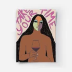 affiche abstraite femme tenant un verre de vin fond rose texte take your time to.webp